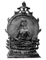 Bronze votive plaque with a seated Buddha inside an ornate frame