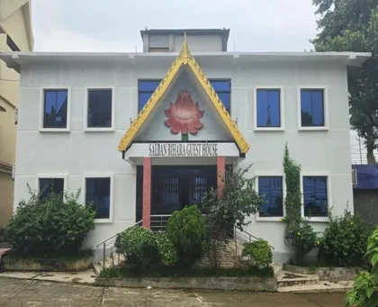 The two-storey Salban Vihara Guest House with a Thai-style gabled entrance