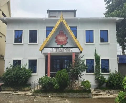 The two-storey Salban Vihara Guest House with a Thai-style gabled entrance