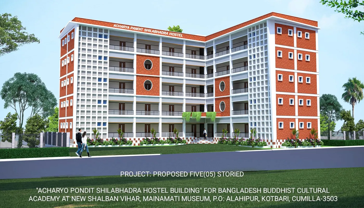 Architectural rendering of the proposed five-storey Acharya Pandit Shilabhadra Hostel building
