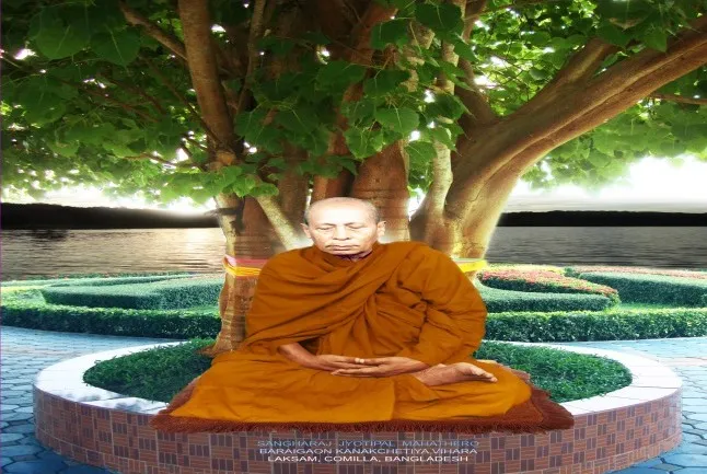 The Most Venerable 10th Sangharaj Jyotipal Mahathero seated in meditation beneath a Bodhi tree