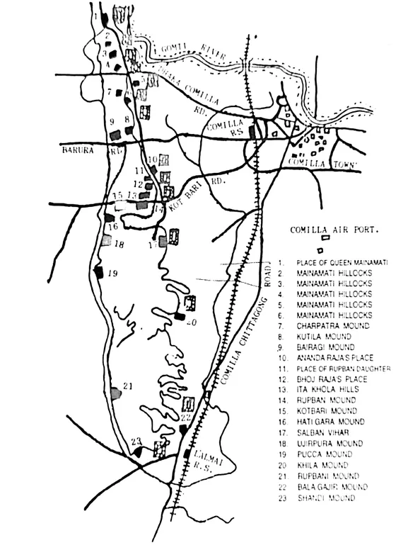 Hand-drawn map of the Mainamati-Lalmai hill range between Cumilla town and Lalmai railway station, marking 23 ruins and mounds