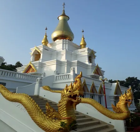 Golden naga balustrade and the gilded spires of the World Peace Pagoda