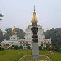 Carved pillar standing in front of the pagoda